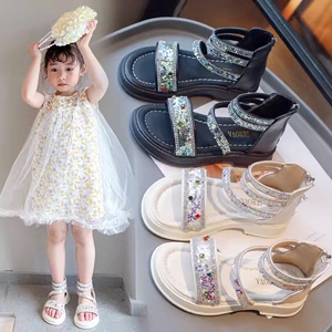 女童凉鞋2024年夏季新款儿童平底时尚水晶鞋小女孩中大童罗马凉鞋