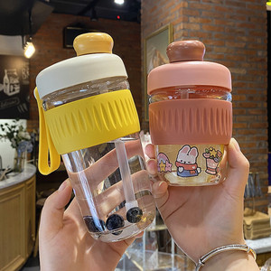 透明两用玻璃杯女学生韩版带吸管水杯防烫夏季咖啡杯子奶茶杯ins