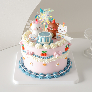 复古ins风软胶小动物蛋糕装饰摆件熊兔儿童宝宝生日周岁烘焙插件