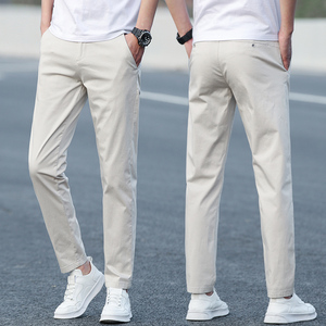 高端米白色纯棉休闲裤男士直筒修身夏季薄款男裤2024新款冰丝裤子