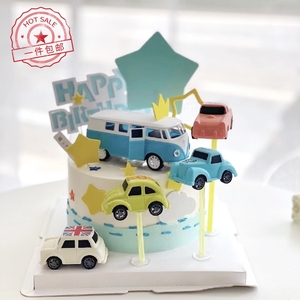 儿童生日蛋糕烘焙迷你小汽车蓝色中巴车巴士摆件男孩玩具派对装饰