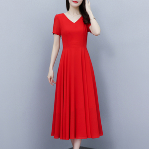 红色长款大摆雪纺连衣裙女夏季2023新款收腰显瘦淑女时尚减龄裙子