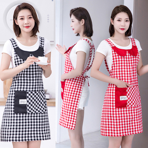 大口袋围裙女韩版格子背带纯棉厨房家用防尘污成人时尚可爱工作服