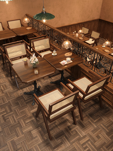复古咖啡厅酒馆桌椅组合甜品奶茶店美式酒吧西餐厅实木桌椅编藤椅