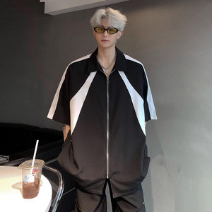 黑白拼接拉链衬衫短袖男夏季设计感高级感七分袖衬衣美式高街外套