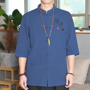 中国风棉麻男衬衫复古风唐装汉服七分袖立领中山T恤短袖麻男上衣