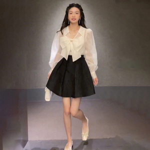 春季新款2024韩版温柔风甜美蝴蝶结衬衫半身裙两件套早秋套装群