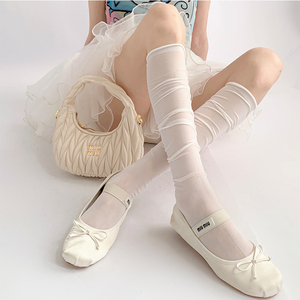夜间教习室白色小腿袜女夏季芭蕾风卷边中筒堆堆袜子春秋jk丝袜长