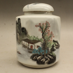 玩玉款青山红树图案小茶叶罐 古玩瓷器 古董摆件 做旧瓷器收藏