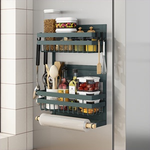 厨房置物架黑色冰箱架微波炉侧挂多用途保鲜袋磁吸免打孔调料收纳
