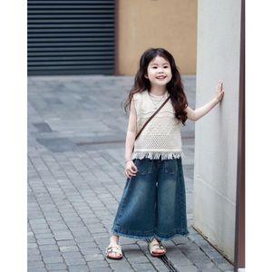 女童夏季套装2024韩版镂空流苏针织马甲背心+ 蓝色毛边牛仔两件套