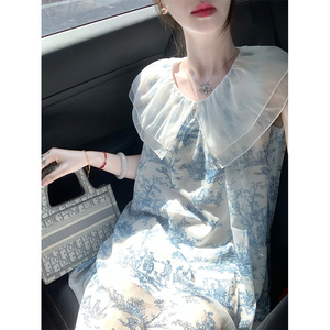 新中式水墨印花无袖连衣裙女夏季新款高级感荷叶领气质小个子短裙