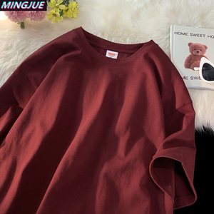 酒红色300克重磅T恤美式复古宽松纯棉枫叶红短袖男夏季情侣装半袖