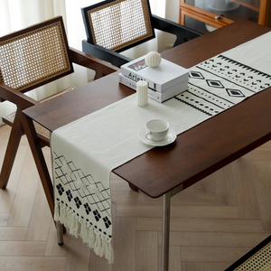 几何黑白流苏桌旗北欧风茶几布现代简约餐桌边柜电视柜盖布布桌垫