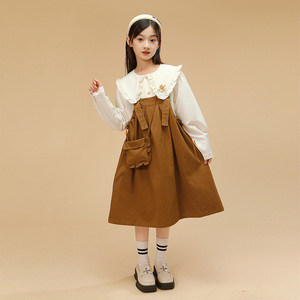 韩版童装女童棕色套装2024春装洋气女孩背带裙时髦中童春秋款裙子
