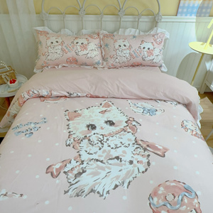 集天真/40支纯棉花边款粉色猫咪四件套1.5m1.8米全棉被套床单套件
