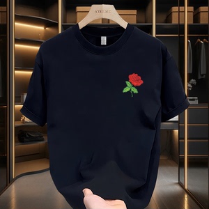 摩圣缇夏季新款男士短袖体恤圆领重磅280g纯棉玫瑰印花男装体恤潮