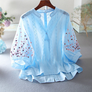 夏季蕾丝纯棉衬衫洋气质刺绣设计感仙女范宽松短袖衬衣百搭上衣潮