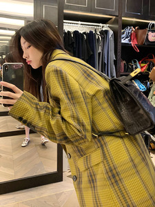 黄色格子西服2022年秋季韩版新款女英伦风炸街复古格子小西装外套