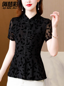 新中式改良旗袍衬衫女装夏季高级感黑色盘扣上衣中年妈妈国风小衫