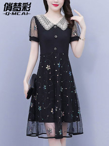 蕾丝娃娃领亮片短袖连衣裙女夏季2024新款高级感轻奢气质网纱裙子