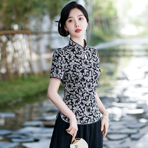 中年妈妈夏季短袖改良旗袍上衣修身新款中老年女新中式中国风唐装