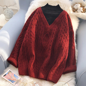 2021秋冬新款高领毛衣女套头假两件宽松外穿红色复古麻花针织外套