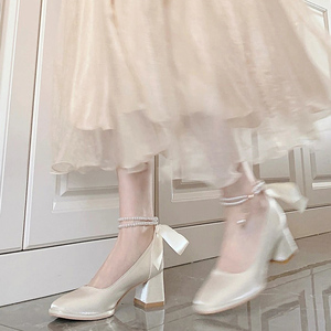 春夏新款白色玛丽珍女单鞋法式配裙子粗跟高跟鞋百搭旗袍伴娘婚鞋