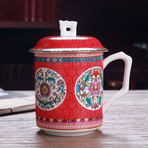景德镇青花瓷器釉上彩珐琅彩陶瓷水杯办公室茶杯带盖老板泡茶杯子
