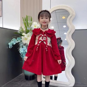 女童新中式大红色娃娃领加绒连衣裙秋冬装喜庆假二件民族风公主裙