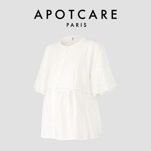 法国 APOTCARE 孕妇装夏款宽松舒适全棉蕾丝刺绣白色短袖衬衫上衣