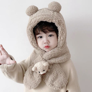 儿童帽子围巾一体冬季加绒保暖两件套小熊围脖韩版宝宝毛绒护耳帽