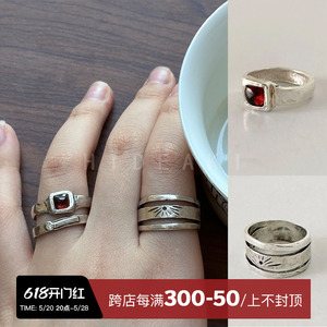 韩系小众设计感MARS25经典红宝石指环时尚复古做旧925纯银戒指女