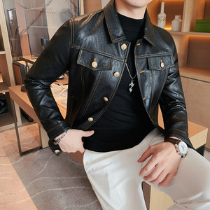 男士皮衣短款韩版修身型2023春季休闲翻领外套潮流新款皮夹克帅气