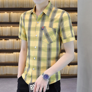 夏天男士短袖衬衫韩版修身格子带口袋翻领衬衣学生青少年帅气忖衫