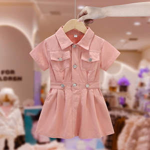 女童连衣裙2024新款儿童装洋气时髦夏装女宝宝粉色牛仔工装裙子潮