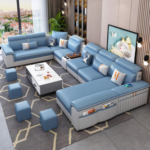 现代简约科技布布艺沙发整装组合多功能U型大小户型贵妃客厅沙发