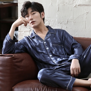 韩版丝绸男士睡衣潮开衫夏季新款长袖长裤薄款冰丝家居服两件套装
