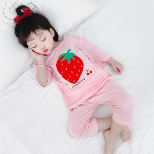 女童莫代尔睡衣夏季薄款儿童卡通家居服分体套装草莓女宝宝空调服