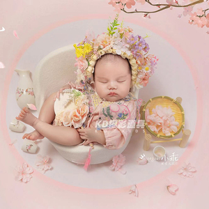 KD新款满月女宝宝可爱簪花主题服装粉色古风服装婴儿新生儿拍照服