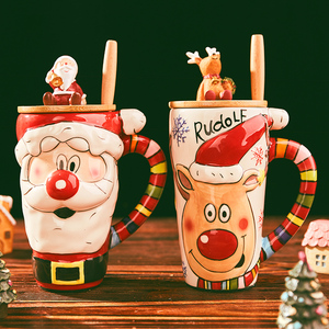 仟度手绘陶瓷杯 麋鹿圣诞老人杯 带盖勺大容量情侣杯 圣诞节礼物