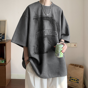 美式复古涂鸦短袖T恤男夏季麂皮绒重磅七分袖深灰色潮流半袖体恤