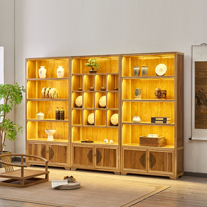 简约橡木博古架中式实木展示柜茶叶茶室茶饼架多宝阁货架收纳书柜