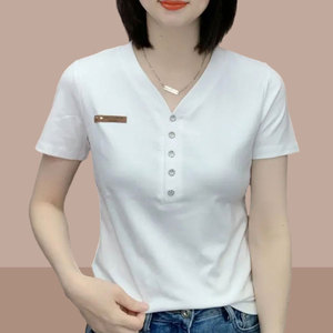 2024夏新款纯棉短袖t恤女士V领白色短款上衣洋气减龄小衫休闲体恤