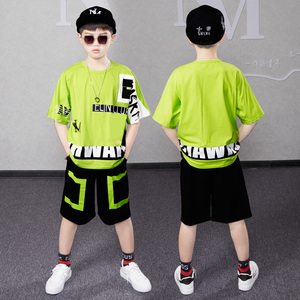 男童短袖t恤套装2023新款夏季韩版绿色帅气儿童洋气运动两件套潮