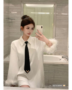 衬衫女韩版时尚新款毛毛袖口拼接设计感衬衣春季白色polo领上衣潮
