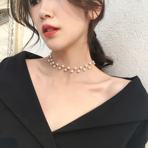 韩国2024新款个性珍珠choker仙多层贝珠项链女时尚新娘颈链锁骨链