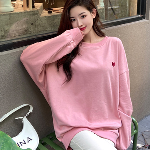 韩版粉色圆领卫衣女套头长袖大码宽松学生秋季新款针织上衣外套潮