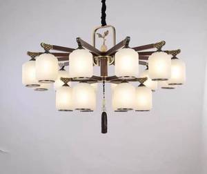 专利款新中式全铜+木艺+玻璃吊灯自带LED三色光源客厅餐吊灯创辰