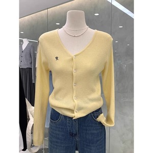 冰丝v领针织开衫女夏季韩系黄色刺绣薄款披肩外搭修身上衣外套春